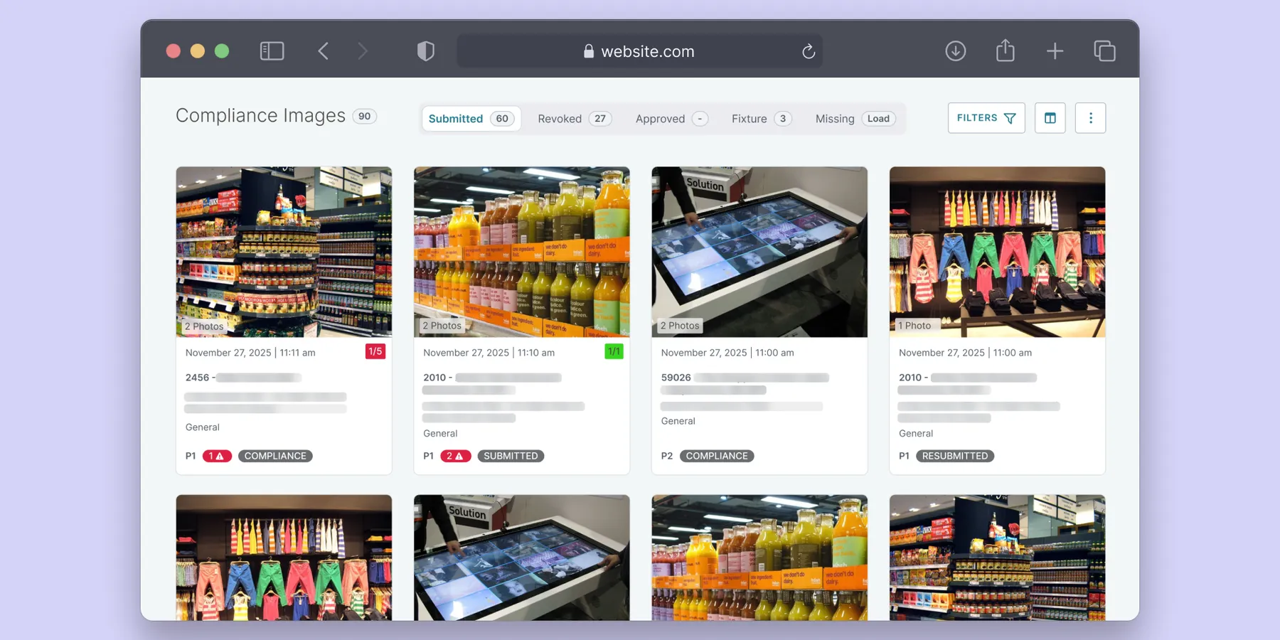 Compliance image gallery showing submitted store photos with status tags